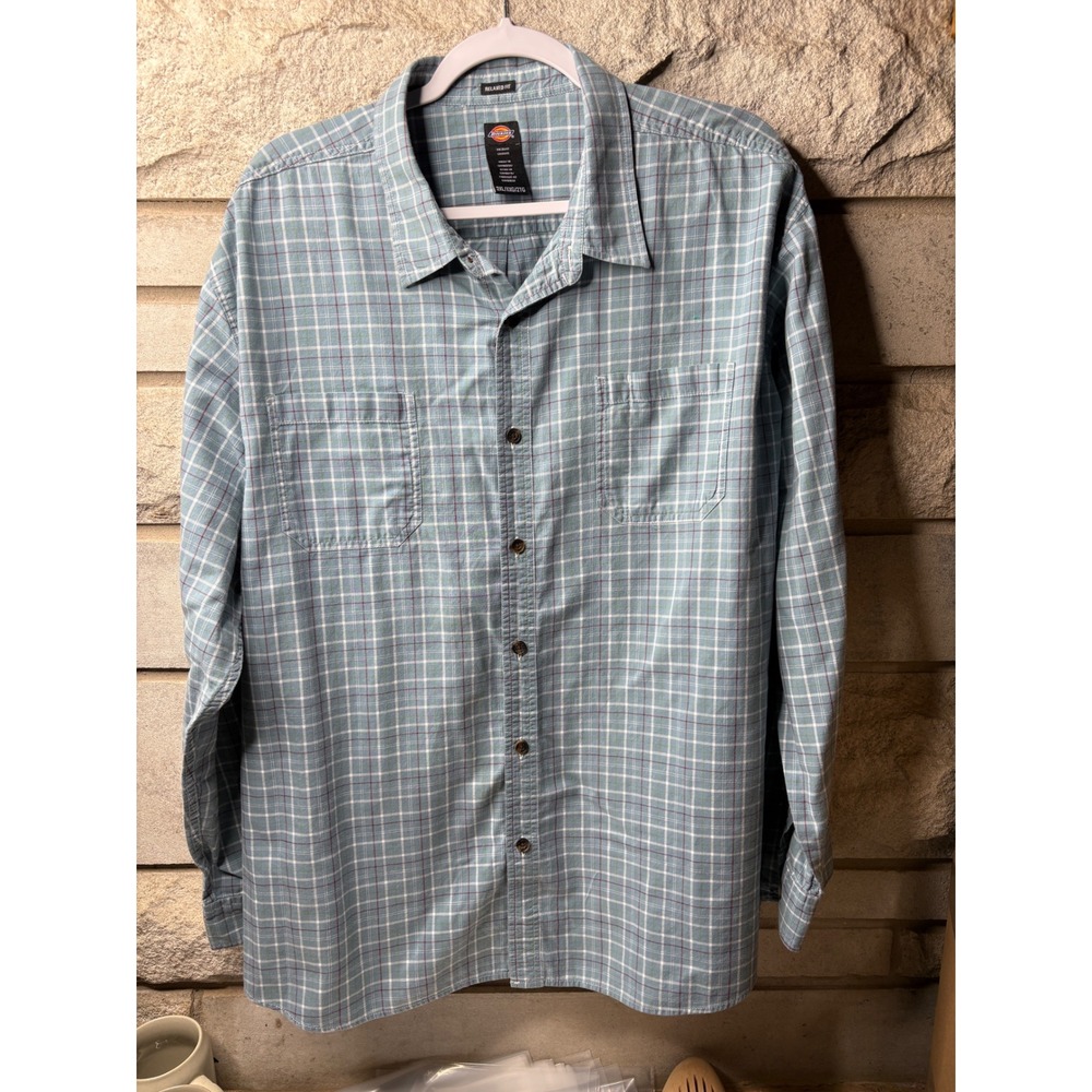 Dickies Mens 2XL Relaxed Fit Plaid Button Down Shirt Blue‎ WL526SWYB Long Sleeve